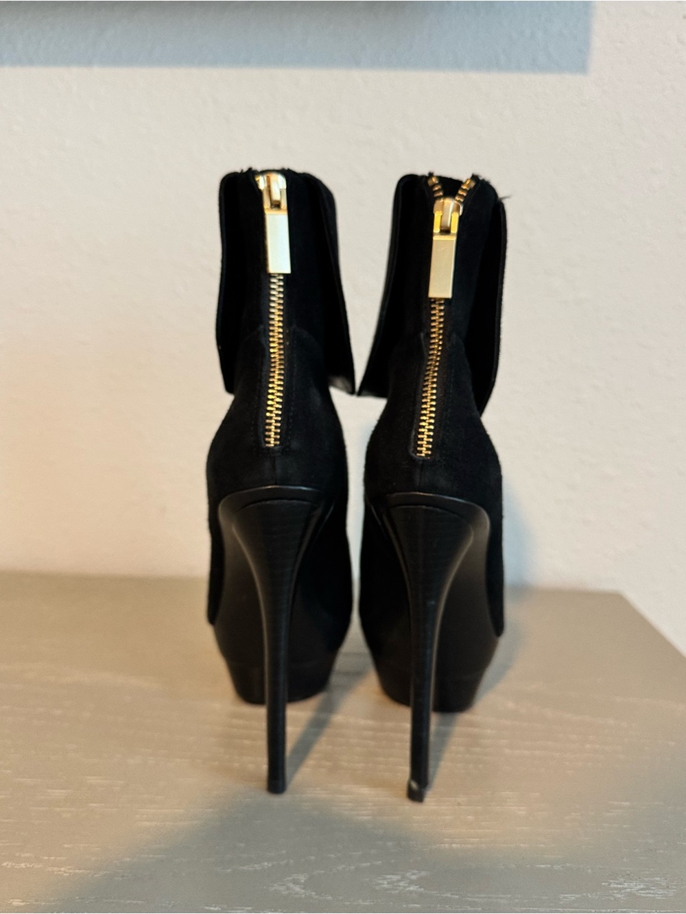 Rachel Zoe Black Suede High Heel Ankle Boots with Gold Accents - Picture 6 of 8